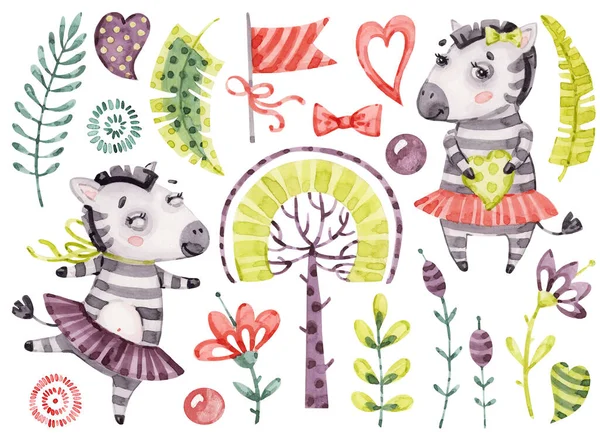 Baby girl cute zebra. Watercolor nursery cartoon jungle animals horse, tropical trees, leaves.