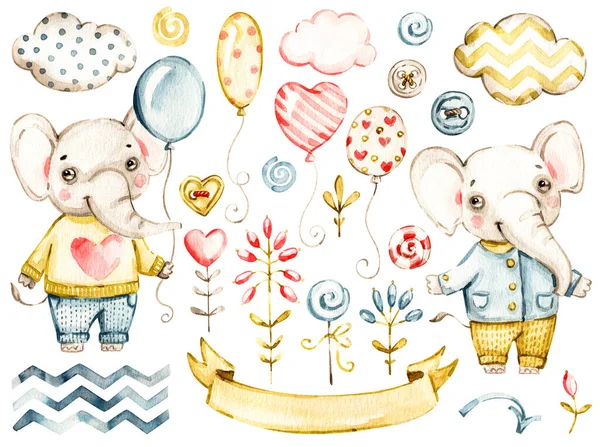 Γλυκό ελεφαντάκι. Υδατογραφία παιδικό καρτούν ζώα ζούγκλα, μπαλόνια, τροπικά σύννεφα. Αξιολάτρευτο σετ σαφάρι Nurseries — Φωτογραφία Αρχείου