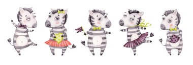 Şirin bebek zebra portresi seti. Suluboya çocuk çizgi film orman hayvanları atı. Sevimli çocuk odası safarisi.