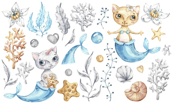 Γάτα γοργόνα μονόκερος Μωρό χαριτωμένο κορίτσι. Υδατογραφία παιδικό καρτούν θαλάσσια ζώα, θαλάσσια μαγεία ζωής. — Φωτογραφία Αρχείου