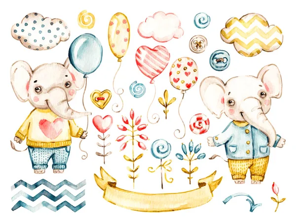 Lindo bebé elefante. Acuarela vector vivero dibujos animados animales de la selva, nubes lindas, globos. Adorable juego de safari de viveros — Vector de stock