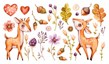 Sevimli bebek geyik. Vector Forest Watercolor çocuk odası çizgi filmi orman hayvanları geyik, çiçek yaprakları. Sevimli çocuk odası ormanlık seti