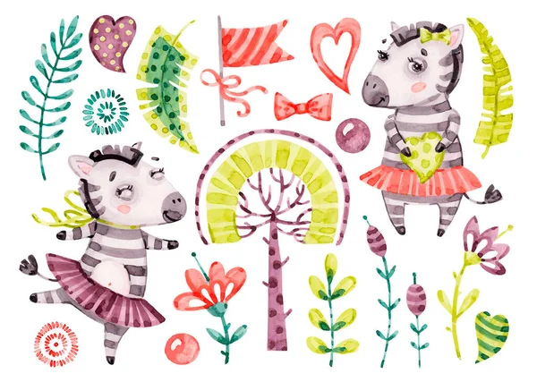 Bebê bonito menina zebra. Vetor Aquarela berçário desenhos animados selva animais cavalo, árvores tropicais, folhas. Conjunto de safári adorável berçário — Vetor de Stock