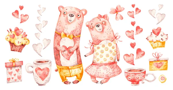 Ursos de abraço de casal de família bonitos. Os desenhos animados de quarto de crianças aquáticos amam animais românticos urso, corações, presentes. Adorável conjunto de família amor — Vetor de Stock