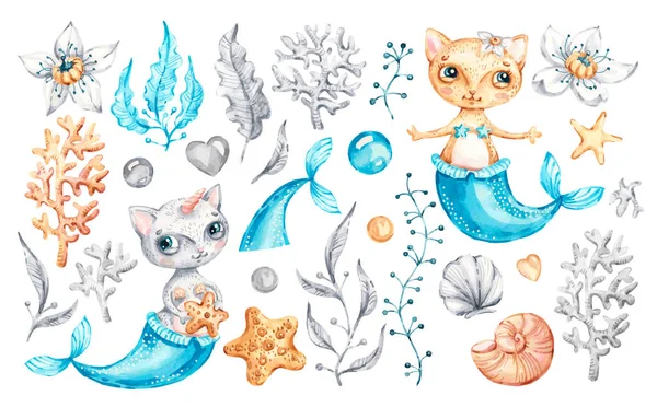 Gato sereia unicórnio bebê bonito menina. Aquarela berçário desenhos animados animais do mar, vida mágica marinha . —  Vetores de Stock
