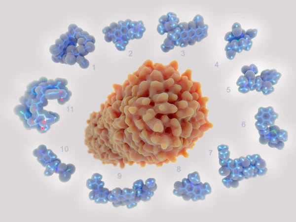 Estructuras moleculares de antibióticos comunes que rodean a una bacteria —  Fotos de Stock