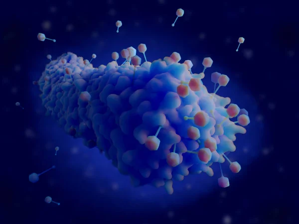 Bacteriophages infecting and killing bacteria. Phages inject their genome in specific bacteria strains and replicate in them. Phages are a possible therapy against multi-drug-resistant bacteria.