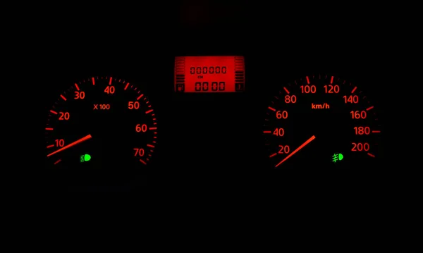 Car dashboard Logan, Logan MV Dacia, Renault. Tachometer, speedometer, Indicators: Engine temperature level, Fuel level, Low beam var, Fog lights