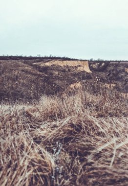 Kış yolu. Doğal bir manzara. Steppe. Grunge kış manzarası.