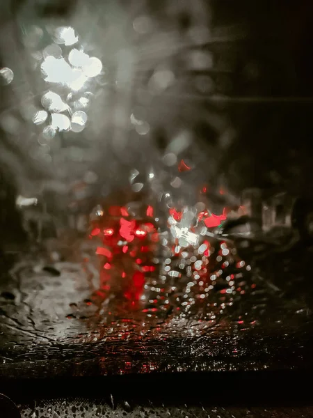 Капли Дождя Окно Боке Капли Воды Стекло Концепция Ночного Ливневого — стоковое фото