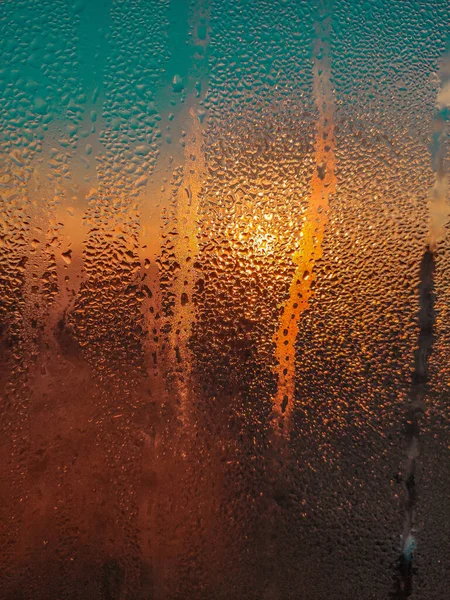 Abstrakt Foto Regndroppar Glas Vid Solnedgången Med Bokeh Dimmig Sol — Stockfoto