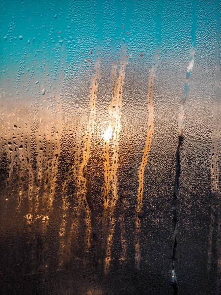 Abstrakt Foto Regndroppar Glas Vid Solnedgången Med Bokeh Dimmig Sol — Stockfoto