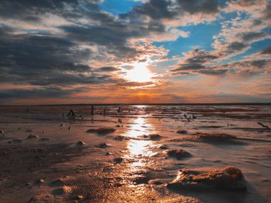 Gün batımında bulutlu bulutlu bulutlar ılık gün batımında aydınlık, renkli günbatımı gökyüzü akşam güneşiyle aydınlanan dramatik gökyüzü bulutları. Gün batımında köy yolu