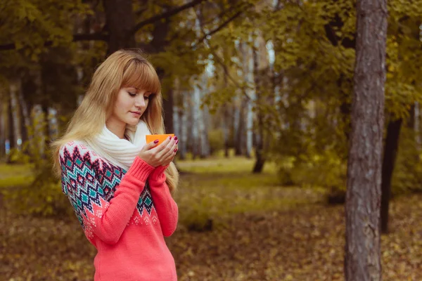 Осенняя концепция - осенняя женщина пьет кофе в парке — стоковое фото