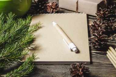 sevimli Noel dekorasyonu, koniler, köknar ortasına defter