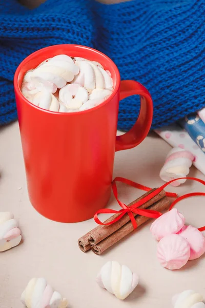 Boisson au chocolat chaud avec guimauve, beze, cinamon — Photo