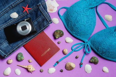 Deniz kabuklarını, pasaport, Mayo, Lila zemin üzerine fotoğraf makinesi. Üstten Görünüm seyahat kavramı ile boşaltmak.