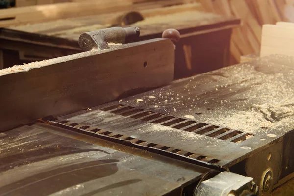 Woodworking Plane Machine in Carpentry Workshop. Machine Tool in Factory. — Stock Photo, Image