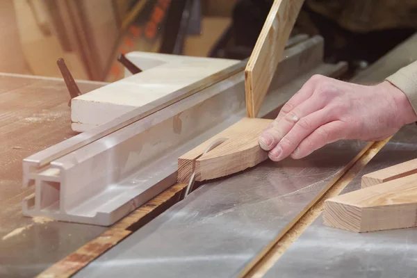 Carpenter Working on Woodworking Machines in Carpentry Shop. Male Hand Close up. — Stock Photo, Image