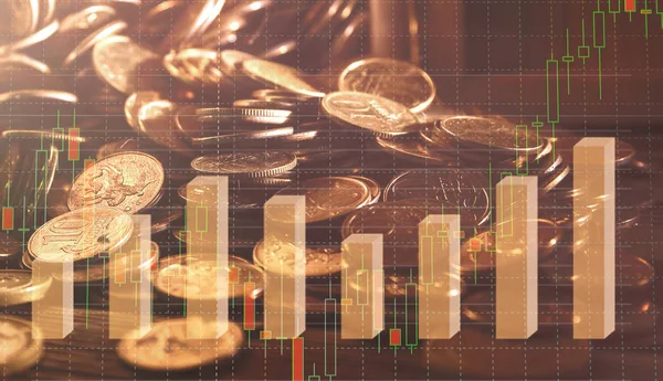 Graph on Rows of Coins for Finance and Banking on Digital Stock Market Financial Exchange and Double Exposure — Stock Photo, Image