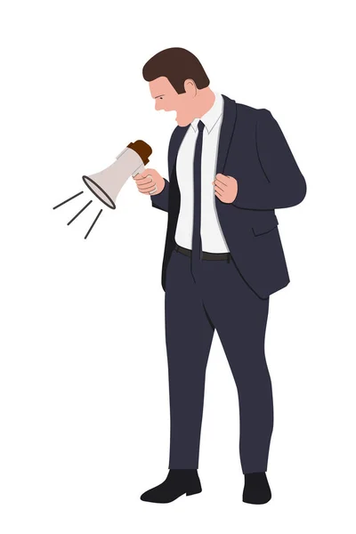 Angry Boss is shouting via megaphone isolated on white background. Vector flat cartoon illustration. — 스톡 벡터
