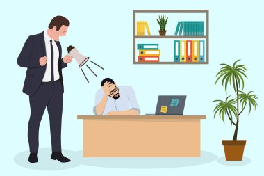 Kızgın Patron, çalışanına megafonla bağırıyor. Ofis teslim tarihi sorunu. Vektör düz çizgi film illüstrasyonu.