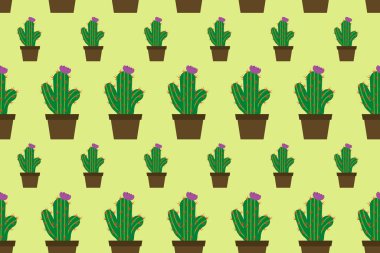 Çiçekli kusursuz kaktüs deseni. Saksıda yeşil bitkiler. Kaktüs düz vektör çizimi.