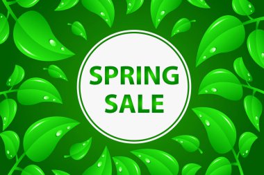Bahar satışı posteri. İndirim ve reklam için yeşil yapraklı güzel renkli afiş illüstrasyonları.