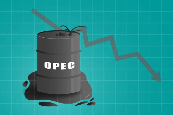 OPEC ( 석유 수출 기구 ) 라는 단어와 화살표로 넘치는 석유 배럴의 가격 하락은 컨셉트에 기반을 두고 있습니다.. — 스톡 벡터