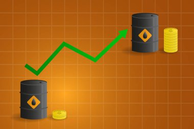 Dünya petrol fiyatları artış konsepti. Yeşil oklu ve bozuk paralı petrol deposu. vektör illüstrasyonu.