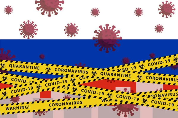 Rusia Konsep Karantina Coronavirus. Covid-19, MERS-Cov. Garis-garis kuning dan hitam pada bendera nasional. Vektor . - Stok Vektor