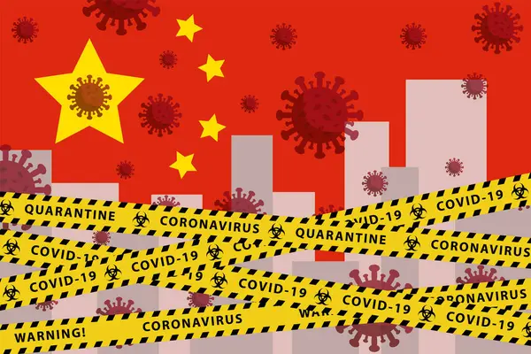 Cina konsep karantina Coronavirus. Covid-19, MERS-Cov. Garis-garis kuning dan hitam pada bendera nasional. Vektor . - Stok Vektor