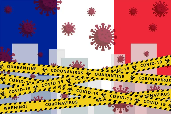 France Coronavirus konsep karantina. Covid-19, MERS-Cov. Garis-garis kuning dan hitam pada bendera nasional. Vektor . - Stok Vektor