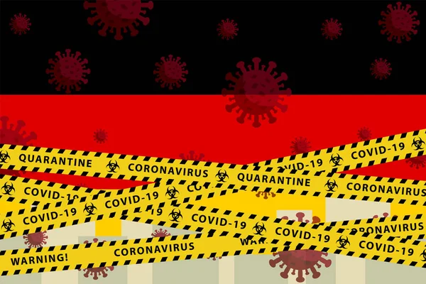 Alemania Concepto de cuarentena del Coronavirus. Covid-19, MERS-Cov. Rayas amarillas y negras en la bandera nacional. Vector . — Archivo Imágenes Vectoriales