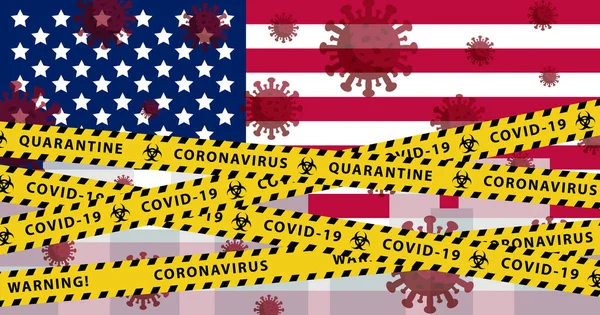 USA Concepto de cuarentena del Coronavirus. Covid-19, MERS-Cov. Rayas amarillas y negras en la bandera nacional. Vector . — Archivo Imágenes Vectoriales