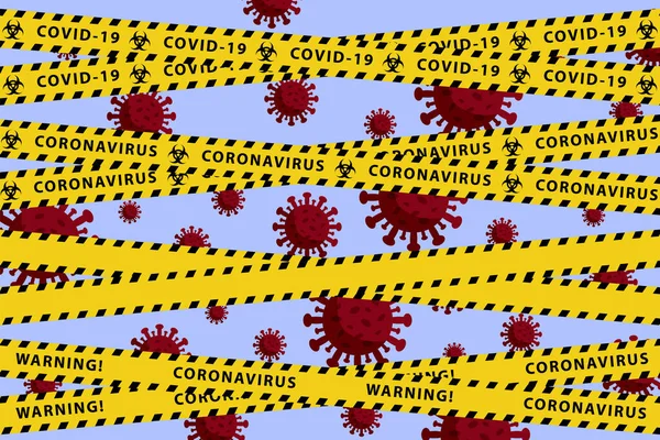 Detener el concepto de brote de coronavirus. Banner de cuarentena de advertencia con franja amarilla y células virales. Ilustración vectorial . — Vector de stock