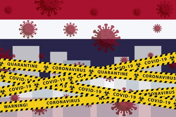 Concetto di quarantena del Coronavirus in Thailandia. Covid-19, MERS-Cov. Strisce gialle e nere sulla bandiera nazionale. Vettore . — Vettoriale Stock