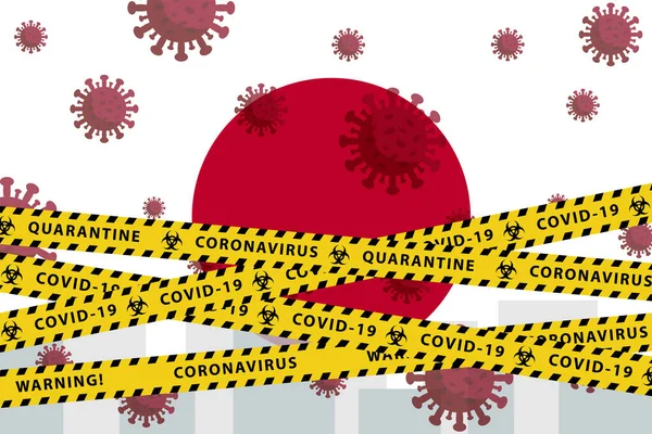 Konsep Karantina Coronavirus Jepang. Covid-19, MERS-Cov. Garis-garis kuning dan hitam pada bendera nasional. Vektor . - Stok Vektor