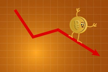 Ruble Bozuk Para Karakteri ve ok düştü. Enflasyon, ekonomik kriz, çöküş veya ekonomik durgunluk, ekonomik durgunluk.