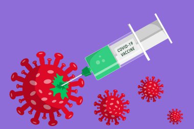 Coronavirus aşısı ile tıbbi şırınga COVID-19 virüsünü yok eder. Koronavirüse karşı aşı kavramı.