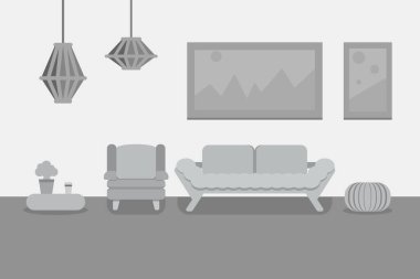 Web sitesi, baskı, poster ve sunum için gri bir oturma odasının iç tasarımı. Düz tasarım çizimi.