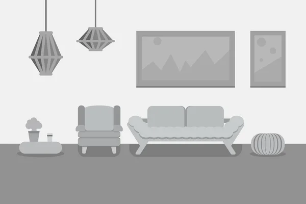 Domácí design obývacího pokoje v šedé barvě pro webové stránky, tisk, plakát, prezentace. Ilustrace plochého návrhu. — Stockový vektor