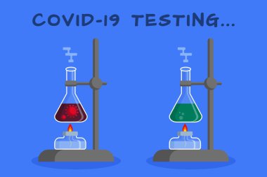 COVID-19 için test, Coronavirus testi. Pozitif ve negatif test sonuçları. Vektör çizimi. Düz tasarım.