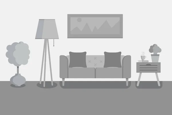 Wohnzimmer in grau für Website, Druck, Poster, Präsentation. Home Interieur Flalt Design Illustration. — Stockvektor