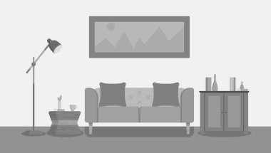 Web sitesi, baskı, poster, sunum için gri oturma odası. Ev içi flalt tasarımı çizimi.