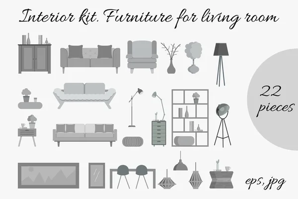 Kit de interiores para sala de estar. Design moderno plano conceito de ilustração vetorial de interiores criativos . —  Vetores de Stock