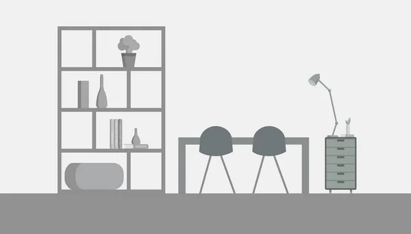 Obývací pokoj pracoviště v šedé pro webové stránky, tisk, plakát, prezentace. Domácí interiér flalt design ilustrace. — Stockový vektor