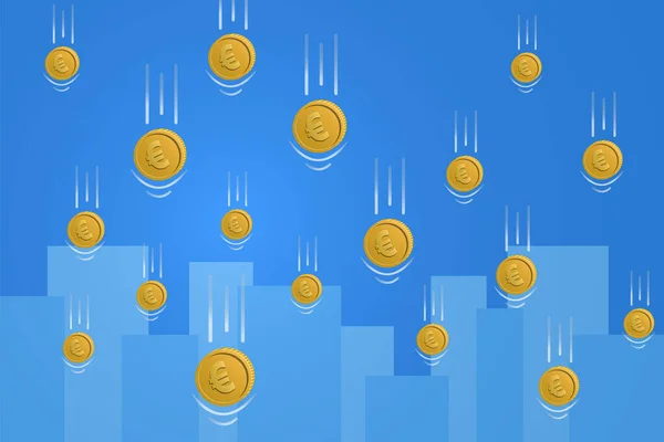 Fallende Euromünzen für das Konzept der Finanzkrise. Stadtsilhouette im Hintergrund. Vektorillustration. — Stockvektor