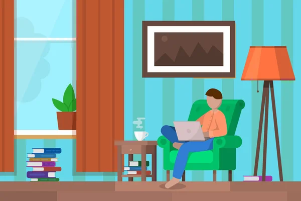 Freelance assis dans un fauteuil confortable de travail distant sur ordinateur portable. Remote Freelance Concept. Illustration vectorielle plate — Image vectorielle