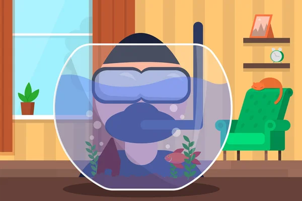 Concepto de autocuarentena. hombre con máscara de natación y gafas en casa durante el brote de pandemia. Ilustración vectorial plana . — Vector de stock